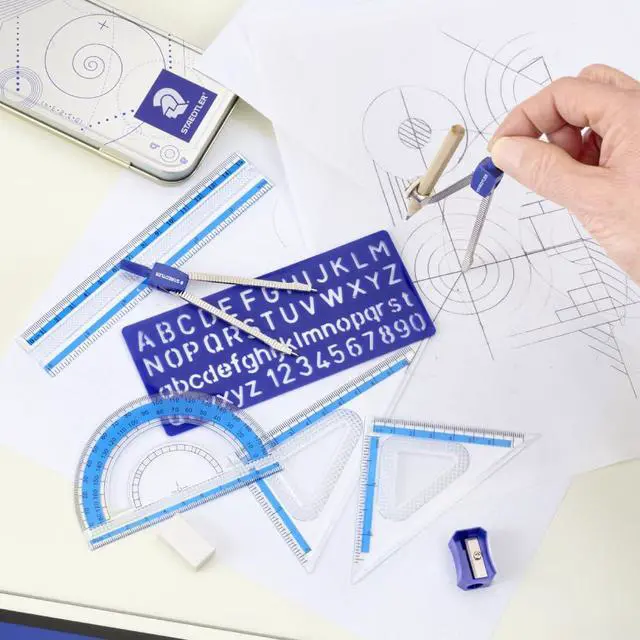 Alt view image 4 of 5 - STAEDTLER 10-Piece Math Set, Metal Compass, 6" Ruler, Triangle Squares, 45 & 30/60 Set Squares, Alphabet Stencil - Measuring Tools