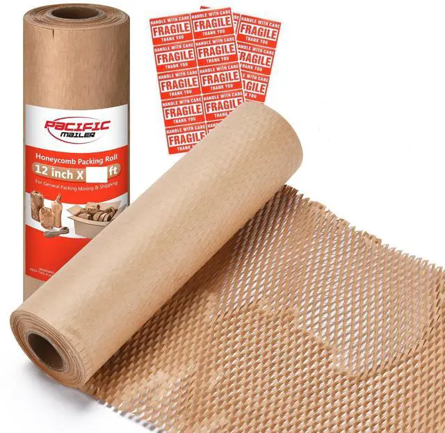 Main image of Honeycomb Packing Paper Pacific Mailer 12" x 65' Bubble Cushioning Wrap with 20 Fragile Sticker Labels
