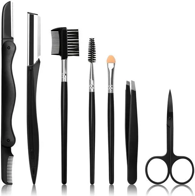 Main image of 7-in-1 Eyebrow Razors Set with Brush, Scissors, Tweezers, Plastic Box for Women Men Eyelash Facial Grooming