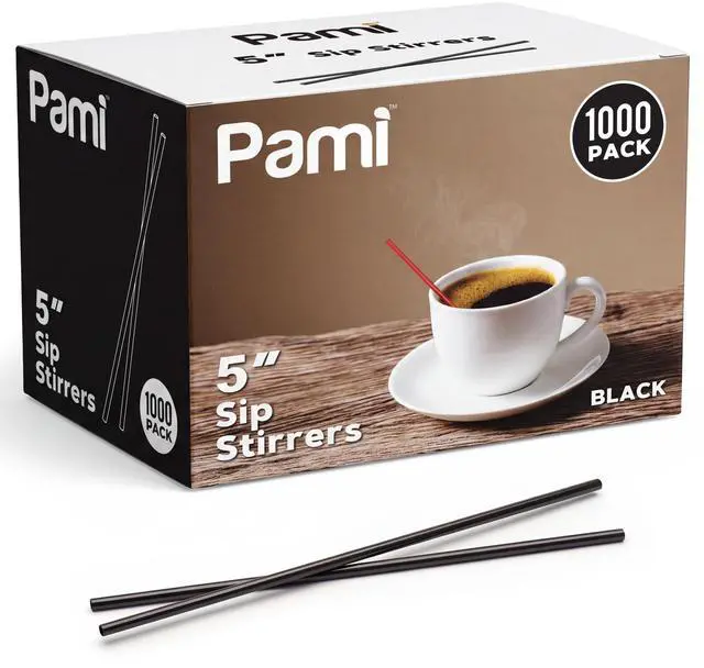 Main image of PAMI Black Plastic Stir Straws 5in, Disposable Coffee Stirrers, 1000 Count