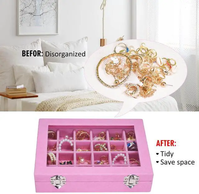 Alt view image 2 of 6 - Vicoter Velvet 24 Grid Jewelry Ring Display Organizer Box Tray Holder Earrings Storage Case for Women (Pink)