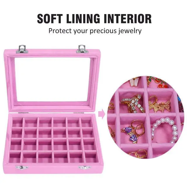 Alt view image 5 of 6 - Vicoter Velvet 24 Grid Jewelry Ring Display Organizer Box Tray Holder Earrings Storage Case for Women (Pink)