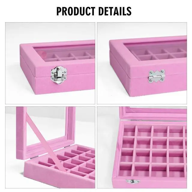 Alt view image 3 of 6 - Vicoter Velvet 24 Grid Jewelry Ring Display Organizer Box Tray Holder Earrings Storage Case for Women (Pink)