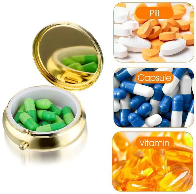 Alt view image 2 of 6 - WLLHYF Small Metal Pill Box for Purse & Pocket, Waterproof Travel Medicine Organizer, Gold