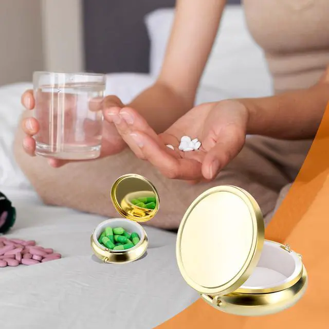 Alt view image 6 of 6 - WLLHYF Small Metal Pill Box for Purse & Pocket, Waterproof Travel Medicine Organizer, Gold