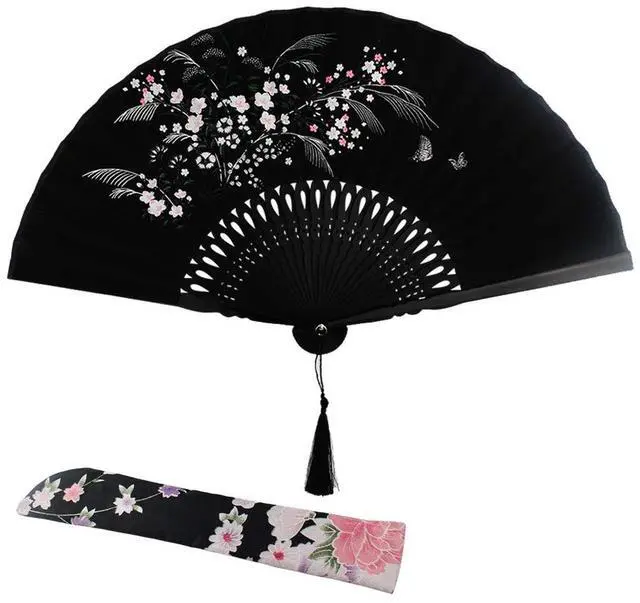Main image of Wobe Black Linen Fabric Folding Hand Fan Grassflowers Bamboo for Summer