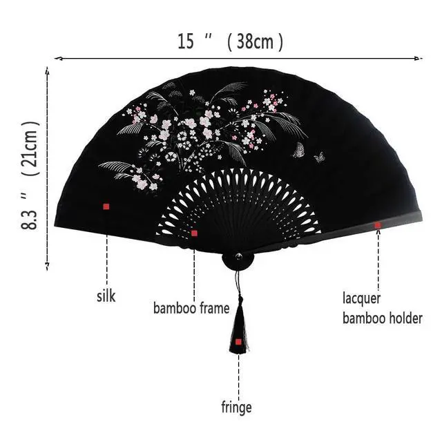 Alt view image 3 of 7 - Wobe Black Linen Fabric Folding Hand Fan Grassflowers Bamboo for Summer