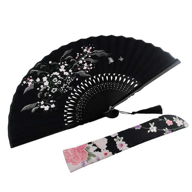 Alt view image 6 of 7 - Wobe Black Linen Fabric Folding Hand Fan Grassflowers Bamboo for Summer