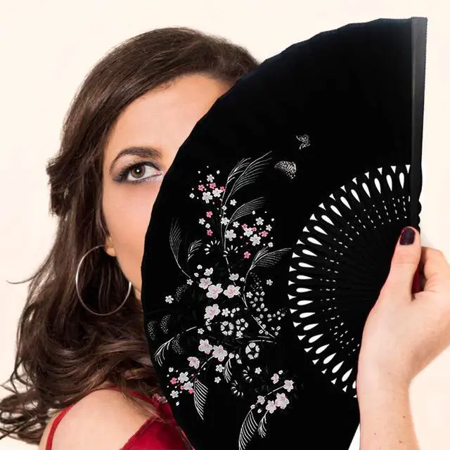 Alt view image 4 of 7 - Wobe Black Linen Fabric Folding Hand Fan Grassflowers Bamboo for Summer