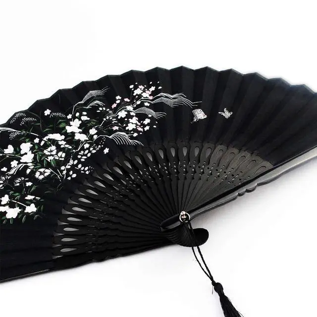 Alt view image 5 of 7 - Wobe Black Linen Fabric Folding Hand Fan Grassflowers Bamboo for Summer