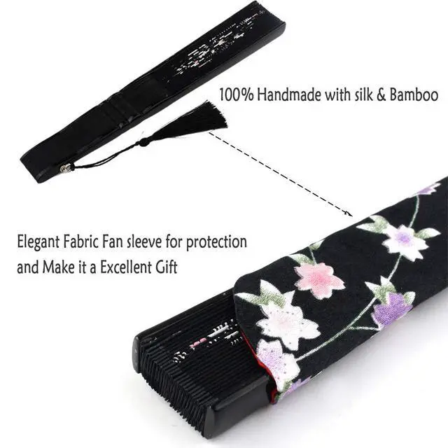 Alt view image 7 of 7 - Wobe Black Linen Fabric Folding Hand Fan Grassflowers Bamboo for Summer