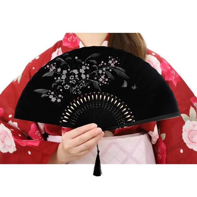 Alt view image 2 of 7 - Wobe Black Linen Fabric Folding Hand Fan Grassflowers Bamboo for Summer