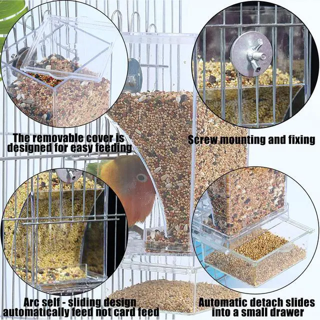 Alt view image 5 of 6 - Hamiledyi Automatic Parrot Seed Feeder No Mess with Perch, Acrylic Transparent Seed Container, Cage Accessories for Small to Medium Parakeets Lovebirds