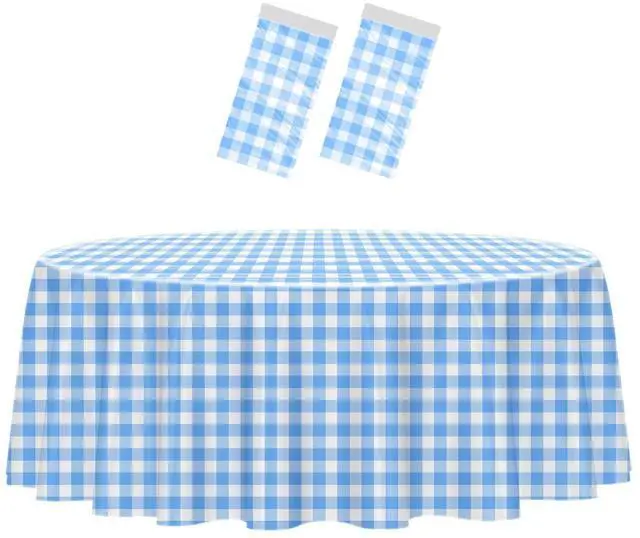 Main image of HEIPINIUYE 2 Pack 8484 Blue and White Round Checkered Disposable Plastic Tablecloth for Round Tables Party Picnic Camping Birthday