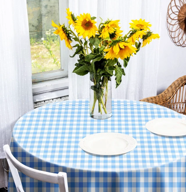 Alt view image 6 of 7 - HEIPINIUYE 2 Pack 8484 Blue and White Round Checkered Disposable Plastic Tablecloth for Round Tables Party Picnic Camping Birthday