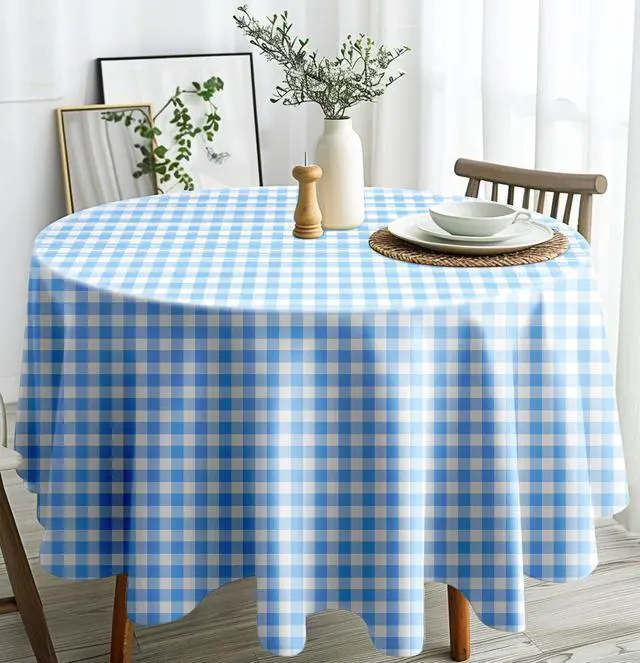 Alt view image 4 of 7 - HEIPINIUYE 2 Pack 8484 Blue and White Round Checkered Disposable Plastic Tablecloth for Round Tables Party Picnic Camping Birthday