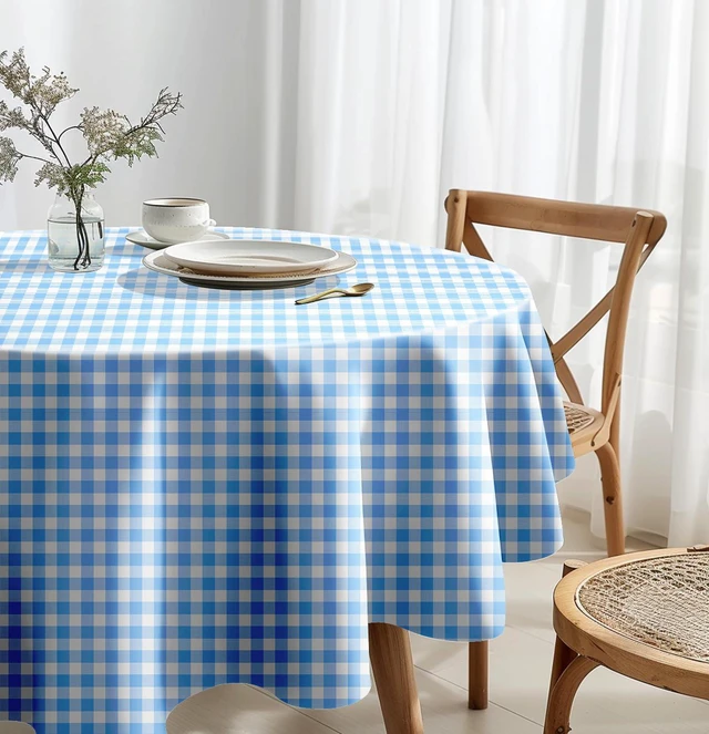 Alt view image 5 of 7 - HEIPINIUYE 2 Pack 8484 Blue and White Round Checkered Disposable Plastic Tablecloth for Round Tables Party Picnic Camping Birthday