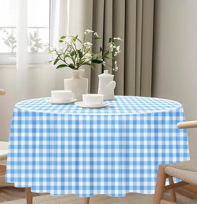 Alt view image 7 of 7 - HEIPINIUYE 2 Pack 8484 Blue and White Round Checkered Disposable Plastic Tablecloth for Round Tables Party Picnic Camping Birthday