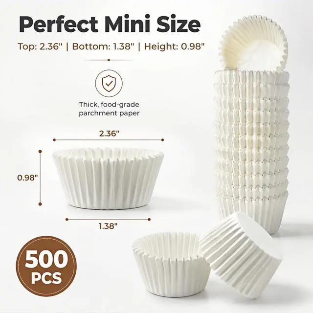 Alt view image 3 of 6 - Non-stick 500 Count White Mini Cupcake Liners - Food-grade Greaseproof Parchment Baking Cups for Cupcakes, Muffins, Nuts