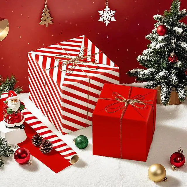 Alt view image 3 of 6 - WRAPAHOLIC Reversible Wrapping Paper Mini Roll 17in x 33ft Red and Stripes Design for Christmas, Birthday, Holiday, Wedding, Baby Shower