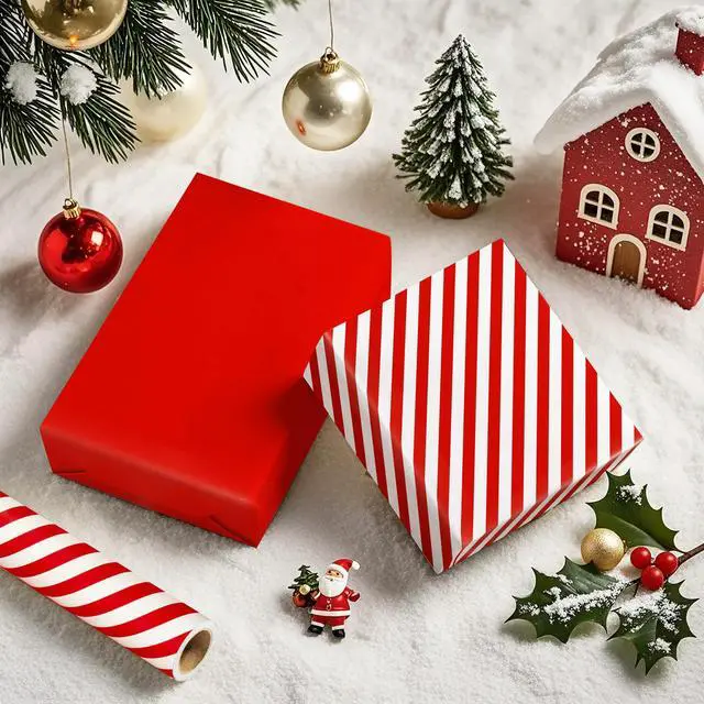 Alt view image 6 of 6 - WRAPAHOLIC Reversible Wrapping Paper Mini Roll 17in x 33ft Red and Stripes Design for Christmas, Birthday, Holiday, Wedding, Baby Shower