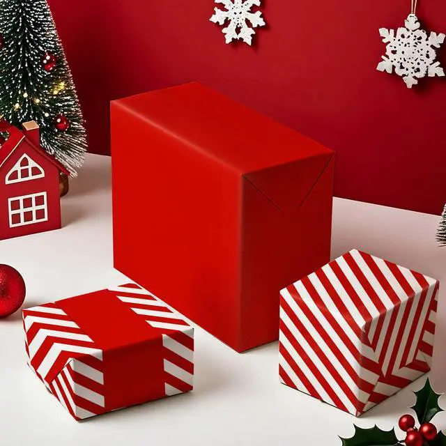 Alt view image 5 of 6 - WRAPAHOLIC Reversible Wrapping Paper Mini Roll 17in x 33ft Red and Stripes Design for Christmas, Birthday, Holiday, Wedding, Baby Shower
