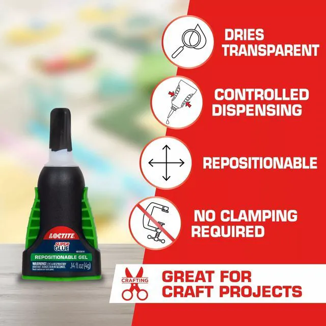 Alt view image 4 of 7 - Loctite Super Glue Repositionable Gel, 0.14 fl oz, 2 Pack, Clear, Cyanoacrylate Adhesive for Plastic, Wood, Metal, Crafts & Repair