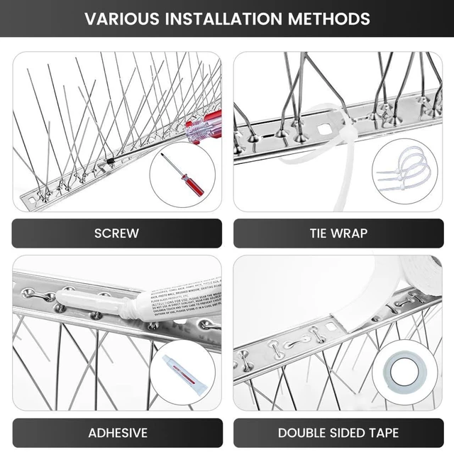 Alt view image 4 of 7 - Ley's Stainless Steel Bird Spikes 3.2FT (3-Pack) - Easy Install Metal Deterrent Strip, Humane Pigeon & Small Bird Repellent for Roof, Fence, Balcony, Outdoor