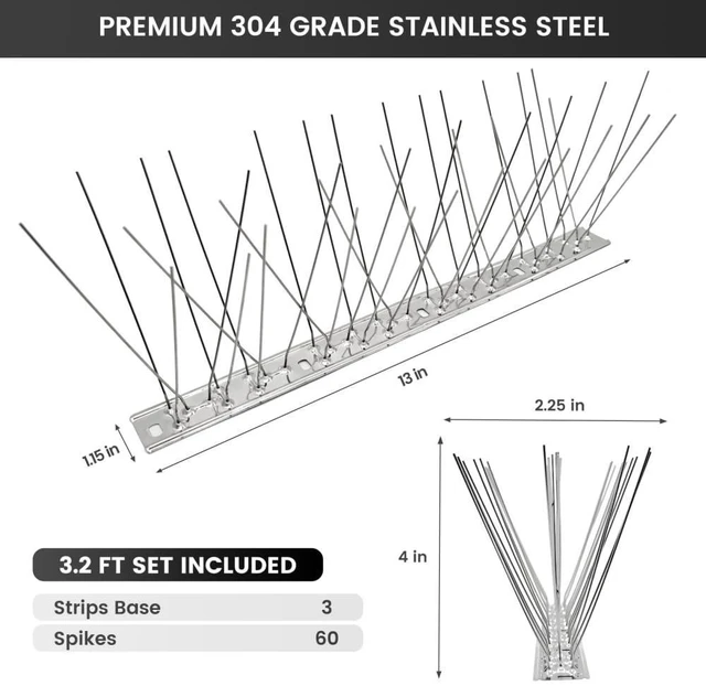 Alt view image 5 of 7 - Ley's Stainless Steel Bird Spikes 3.2FT (3-Pack) - Easy Install Metal Deterrent Strip, Humane Pigeon & Small Bird Repellent for Roof, Fence, Balcony, Outdoor