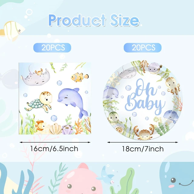 Alt view image 4 of 6 - 40pcs Under The Sea Baby Shower Decorations Sea Animal Theme Tableware Set, Birthday Party Plates and Napkins Ocean Themed Party Supplies