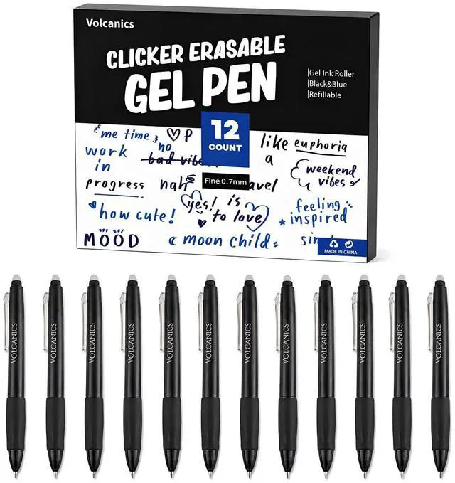Main image of Volcanics Retractable Erasable Gel Pens, Soft Black, 0.7mm, 12 Pack