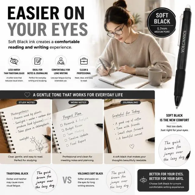 Alt view image 2 of 7 - Volcanics Retractable Erasable Gel Pens, Soft Black, 0.7mm, 12 Pack