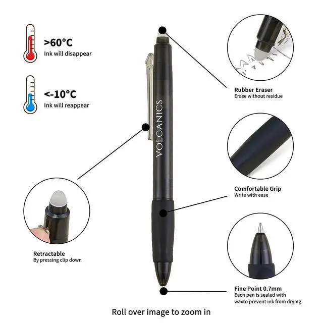 Alt view image 4 of 7 - Volcanics Retractable Erasable Gel Pens, Soft Black, 0.7mm, 12 Pack
