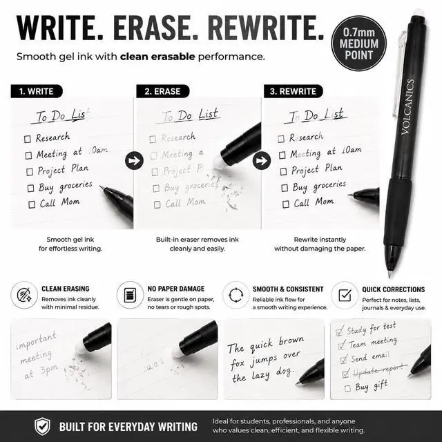 Alt view image 3 of 7 - Volcanics Retractable Erasable Gel Pens, Soft Black, 0.7mm, 12 Pack