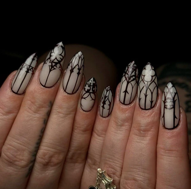 Alt view image 4 of 7 - Almond Medium Length Black Goth Glow in the Dark Acrylic Press on Nails with Designs, Full Cover, Reusable Artificial Nails 24Pcs