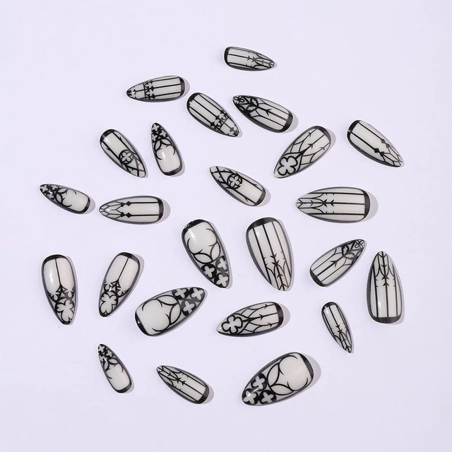 Alt view image 6 of 7 - Almond Medium Length Black Goth Glow in the Dark Acrylic Press on Nails with Designs, Full Cover, Reusable Artificial Nails 24Pcs