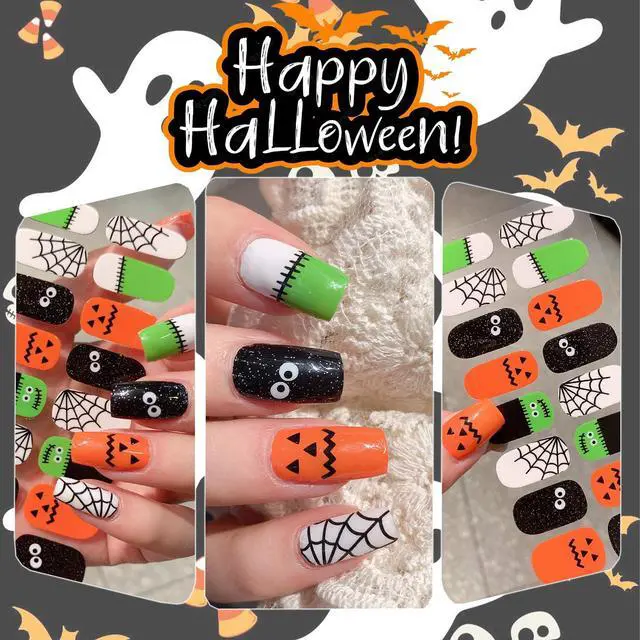 Alt view image 7 of 7 - 6 Sheets Halloween Gel Nail Wraps Spider Web Flower Ghost Bat Pumpkin Spider Self-Adhesive Nail Stickers for Women