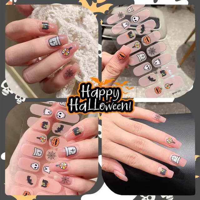 Alt view image 2 of 7 - 6 Sheets Halloween Gel Nail Wraps Spider Web Flower Ghost Bat Pumpkin Spider Self-Adhesive Nail Stickers for Women