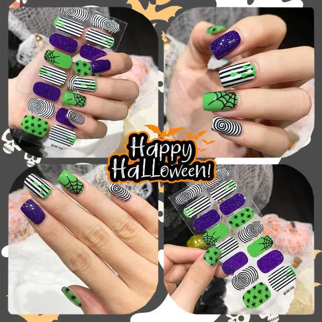 Alt view image 3 of 7 - 6 Sheets Halloween Gel Nail Wraps Spider Web Flower Ghost Bat Pumpkin Spider Self-Adhesive Nail Stickers for Women