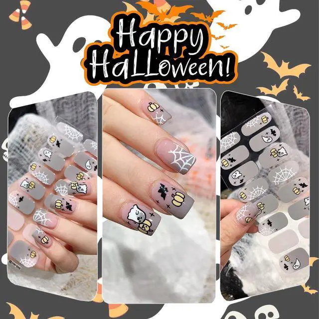 Alt view image 5 of 7 - 6 Sheets Halloween Gel Nail Wraps Spider Web Flower Ghost Bat Pumpkin Spider Self-Adhesive Nail Stickers for Women