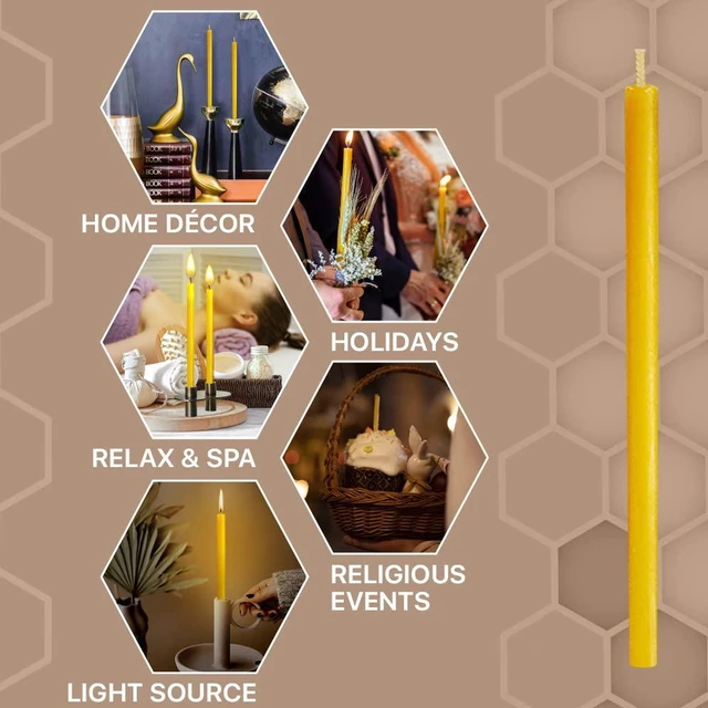 Alt view image 2 of 6 - Natural Candles 7" 15-Pack, 100% Pure Beeswax Deep Yellow, Honey Scent, Cotton Wicks - Eco-Friendly for Home Decoration Birthday Cake 110440