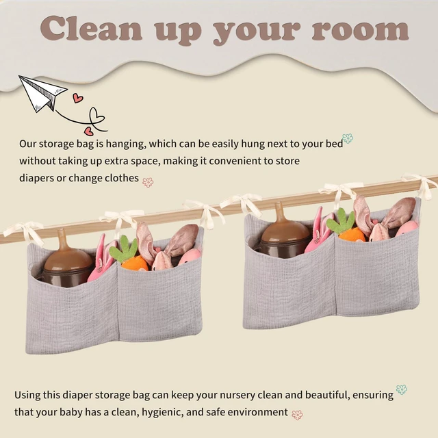 Alt view image 4 of 6 - Cotton Baby Nappy Bag Organizer for Bedside Hanging Storage, Milk Bottle Bib Holder for Crib, Khaki