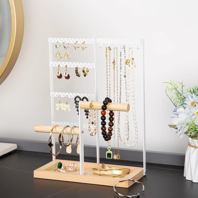 Alt view image 2 of 6 - Lengnoy 4 Tier Earring Holder with 48 Holes and 6 Hooks, Wood Jewelry Organizer Box for Necklace Bracelet Earring Ring, White