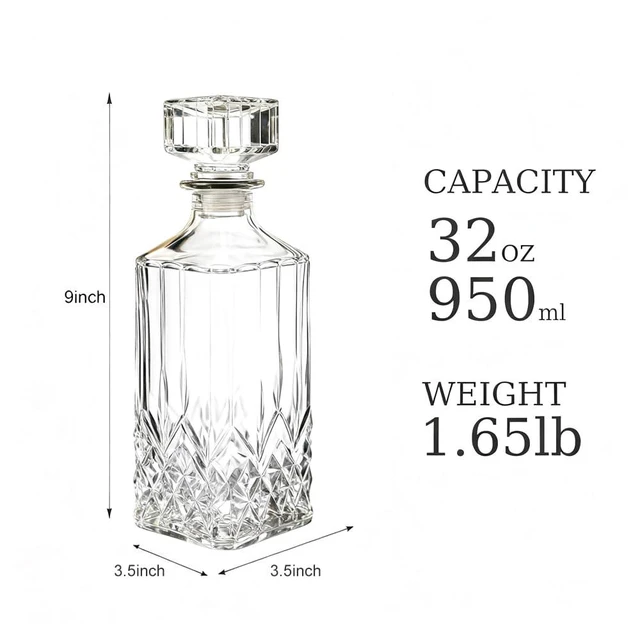 Alt view image 3 of 7 - Whiskey Decanter 32oz, Glass with Airtight Geometric Stopper, for Whiskey, Vodka, Bourbon, Scotch, Brandy, Wine