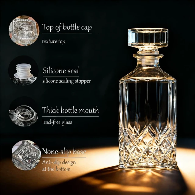Alt view image 5 of 7 - Whiskey Decanter 32oz, Glass with Airtight Geometric Stopper, for Whiskey, Vodka, Bourbon, Scotch, Brandy, Wine