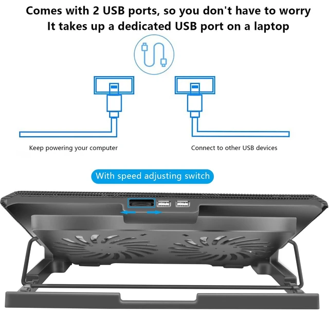 Alt view image 5 of 7 - Laptop Cooling Pad with 2 Quiet Fans, LED Lights, 2 USB Ports, 5 Height Adjustable & Adjustable Speed Mounts, Metal Mesh Design, for 9"-17" Laptops, Black