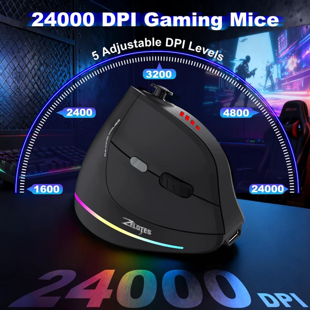 Alt view image 6 of 7 - TRELC Vertical Ergonomic Wireless Gaming Mouse, 24000 DPI, 11 Programmable Buttons, 5 D Rocker, Dual Mode BT+2.4GHz, Rechargeable for PC/Laptop/E-Sports/Gamer