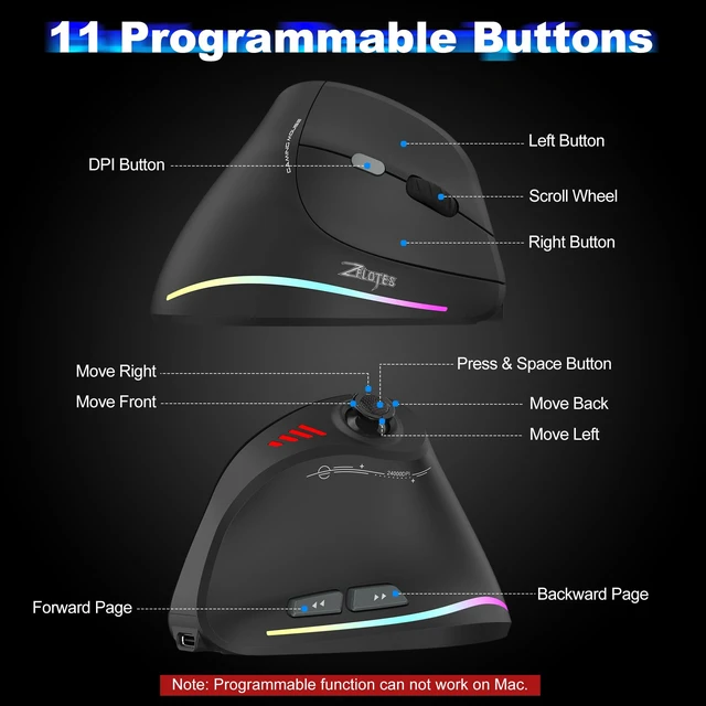Alt view image 7 of 7 - TRELC Vertical Ergonomic Wireless Gaming Mouse, 24000 DPI, 11 Programmable Buttons, 5 D Rocker, Dual Mode BT+2.4GHz, Rechargeable for PC/Laptop/E-Sports/Gamer