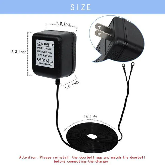 Alt view image 4 of 6 - 24V Transformer Doorbell Power Adapter Compatible with Google Nest, Wyze, Eufy Video Doorbells, C Wire Adapter 16.4ft/5m Extension Cable
