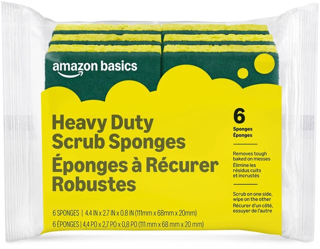 Main image of Amazon Basics 6-Pack Heavy Duty Dual-Sided Scrub Sponges, 4.4x2.7x0.8in, Yellow/Green, Reusable